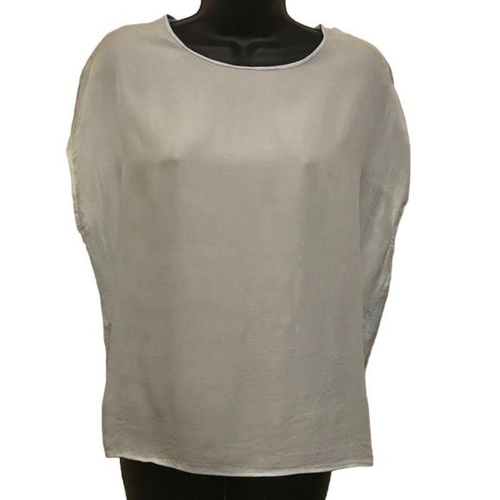 Vince Light Blue Silk Linen Blouse Leather Trim Short Sleeve Size XS